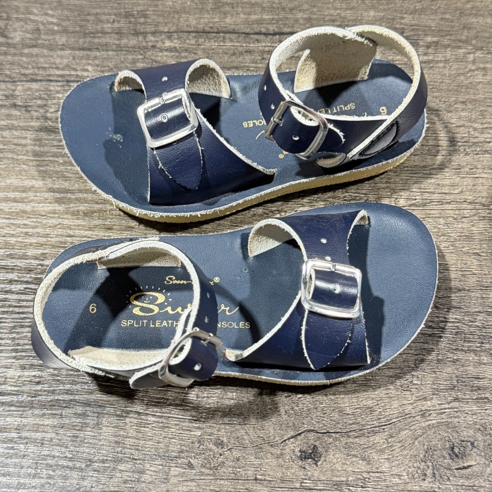 Sun-San Surfer Sandals Boys Size 6 Navy Blue Leather Buckle Classic GUC*